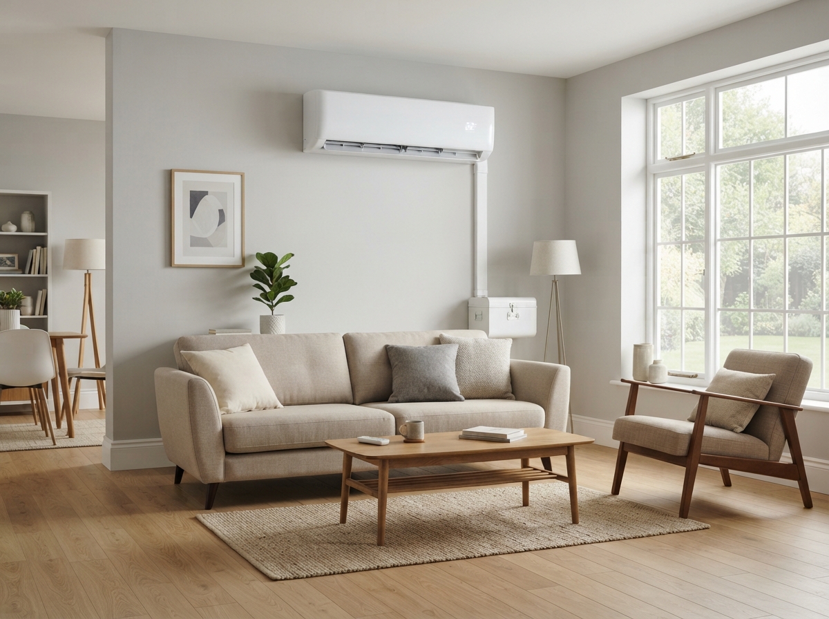 Wall-mounted air conditioning unit installed in a modern living room